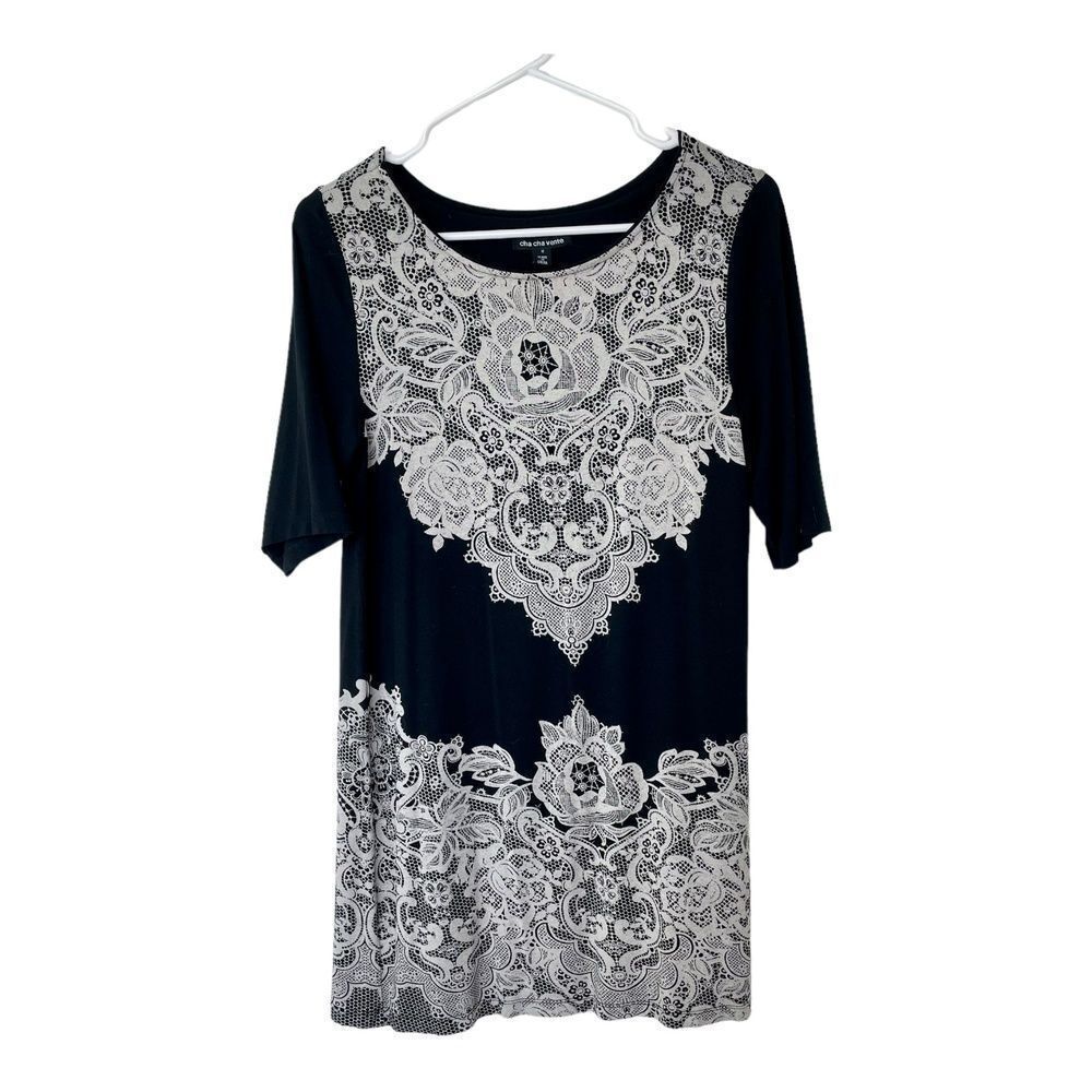 Cha Cha Vente Womens Top Short Sleeve Lace Print Black White M